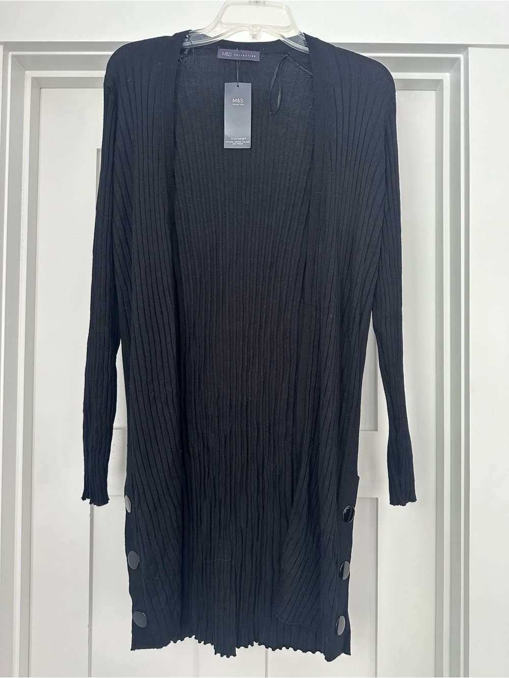 Marks & Spencer Long Black Ribbed Open Cardigan with Side Buttons